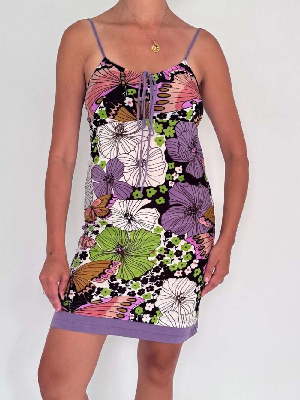 Vintage purple multicolor floral print stretchy sleeveless vacation mini dress